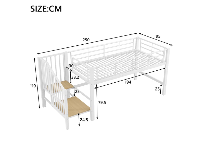  Lit mezzanine enfant mi-hauteur 90 x 200 cm avec escalier de rangement blanc  - Conforama C
