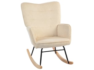 Fauteuil à bascule vintage, patins incurvés, rembourrage épais, bois de hêtre et acier, beige