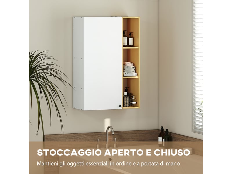 Meuble de salle de bain mural avec étagères réglables et 3 étagères ouvertes, 59,5 x 30 x 90 cm, blanc et bois - Conforama D