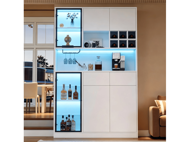 Vitrine avec 6 portes, 2 tiroirs, niches ouvertes et led en panneaux de particules blancs 120 × 33 × 200 cm - Conforama D