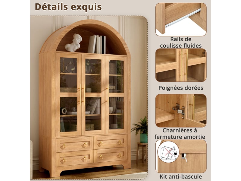  Vitrine style vintage à arche, 110 x 40 x 185 cm, finition imitation chêne clair, 3 portes vitrées et 4 tiroirs de rangement  - Conforama E