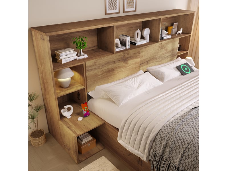  Lit coffre 160x200 cm avec relevage hydraulique, led et usb-c, bois mdf métal, chêne, avec matelas  - Conforama C