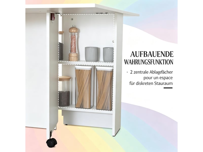 Table à manger pliante gain de place avec roulettes et rangement, table extensible de cuisine pour 6 personnes - Conforama D