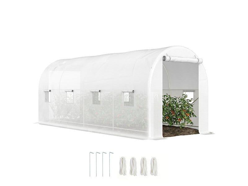  Serre tunnel 500 x 200 x 205 cm, serre de jardin avec porte enroulable et 8 fenêtres, bâche en polyéthylène 140 gm² blanche  - Conforama A