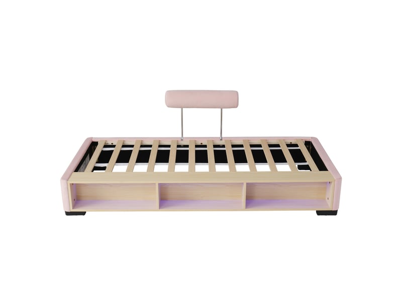 Lit enfant 90x200 cm - avec étagère latérale led, niches de rangement ouvertes et appui-tête modulable sur 3 côtés – velours – rose - Conforama A