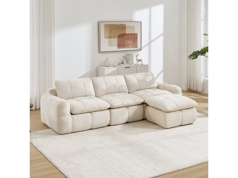 Canapé d’angle modulable 3 places en chenille beige – 264 x 160 x 68 cm Fay Lum - Conforama D