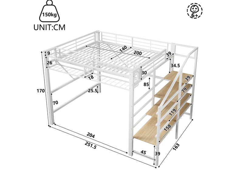  Lit mezzanine modenvie 140 x 200 cm en métal et mdf avec escalier de rangement, espace de rangement ouvert, led multicolore, blanc  - Conforama C