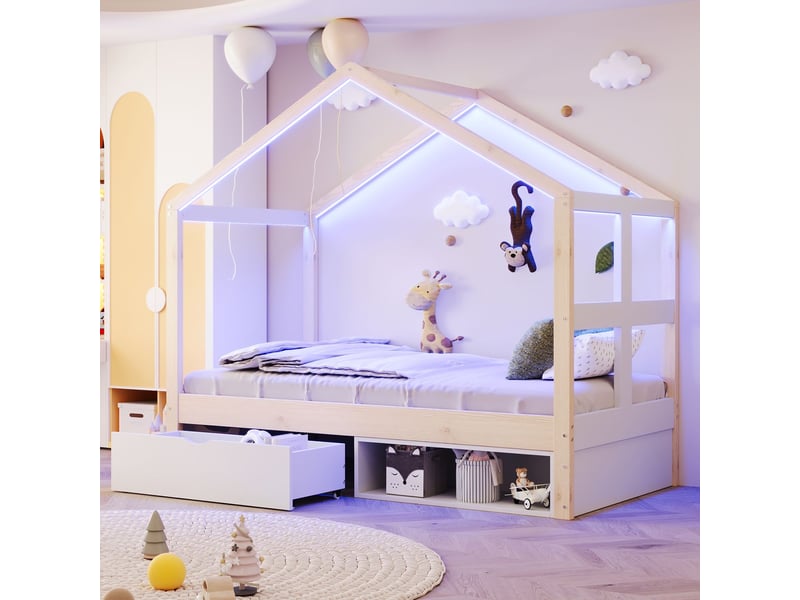 Lit enfant 90x190, structure bois lit combine enfant, tiroirs coulissants, petit meuble chaussures, led multicolore - Conforama A