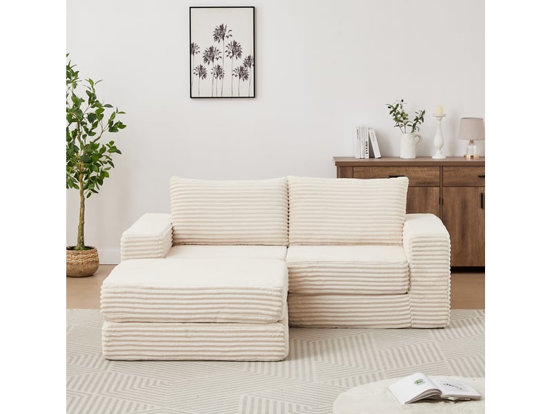 Canapé convertible ulevr 2 places modulable avec pouf amovible, velours côtelé beige, 194 x 169,5 x 74 cm - Conforama D