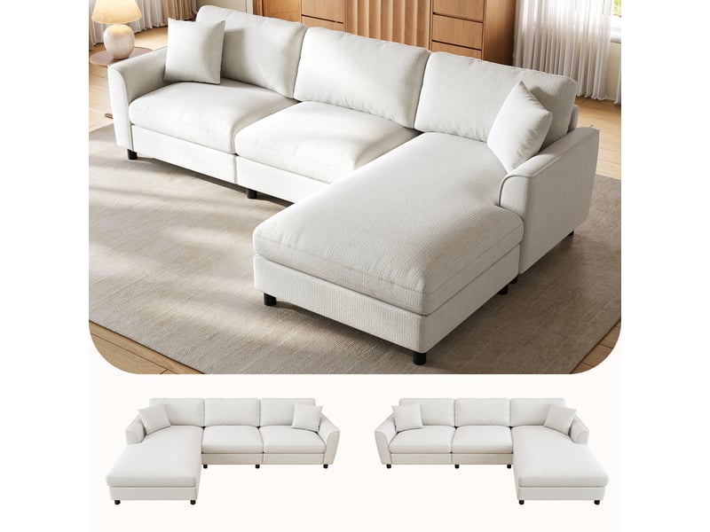  Canapé d'angle 3 places en tissu chenille beige, 256×137×79 cm, méridienne réversible, assise large 90 cm, sans montage  - Conforama D