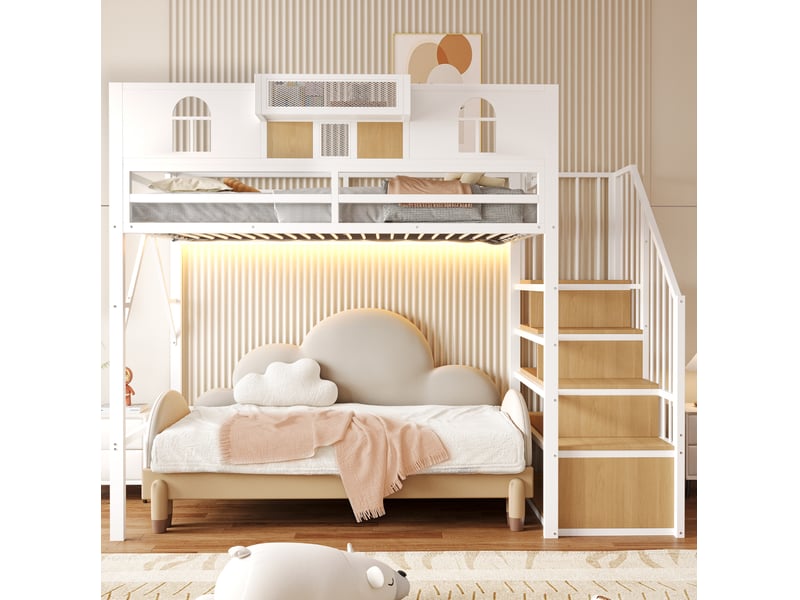  Lit mezzanine 90 × 200 cm avec échelle de rangement, étagère, éclairage et espace ouvert, blanc 255 × 95,5 × 187 cm  - Conforama D