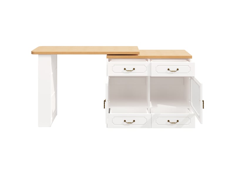  Table de bar extensible 135-203x39x92,8 cm, rotation 360° et éclairage led multicolore, rangement 4 tiroirs, mdf, blanc  - Conforama D