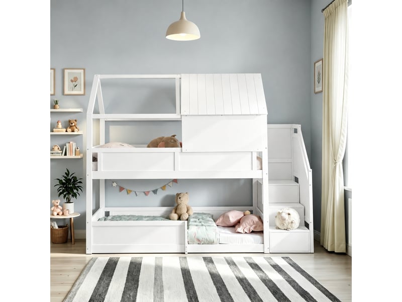  Lit superposé cabane enfant 80 x 200 cm en bois massif blanc avec toit et escalier latéral, 2 couchages, sans matelas  - Conforama B
