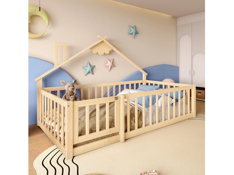 Lit enfant cabane 90x190 cm avec barrière verrouillable en pin et mdf naturel  - Conforama C