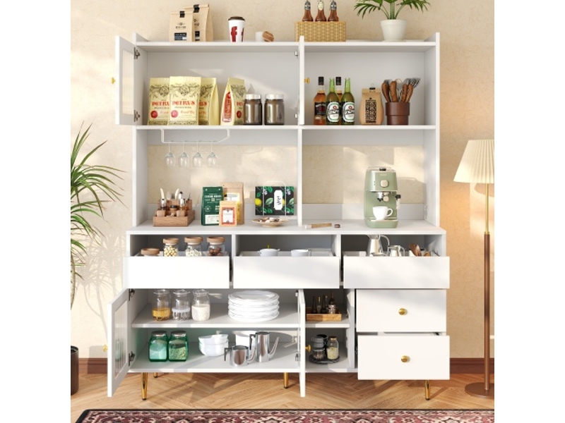  Armoire salle à manger moderne minimaliste 145x39x171 cm – portes en verre chambray, blanc élégant et accents dorés  - Conforama B