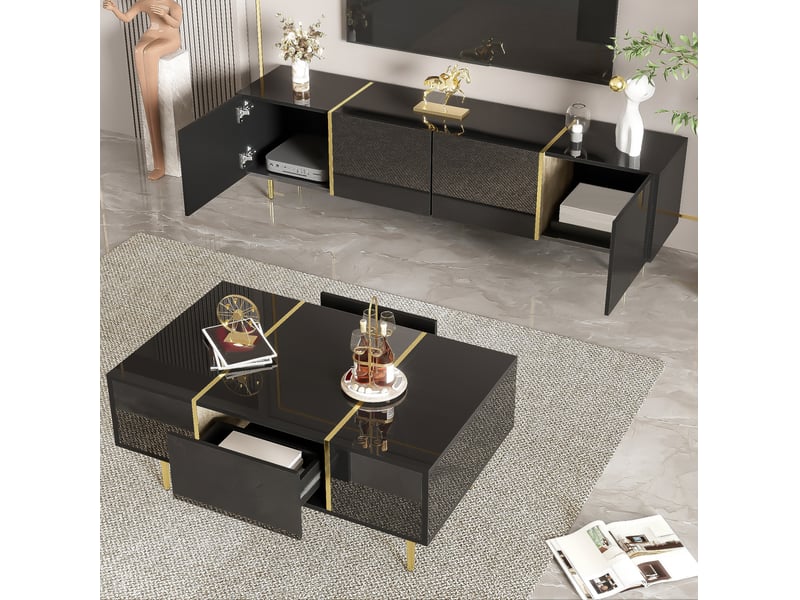  Ensemble meuble tv et table basse modenvie noir brillant avec rangement 170 x 35 x 46 cm et 100 x 60 x 41,5 cm  - Conforama D