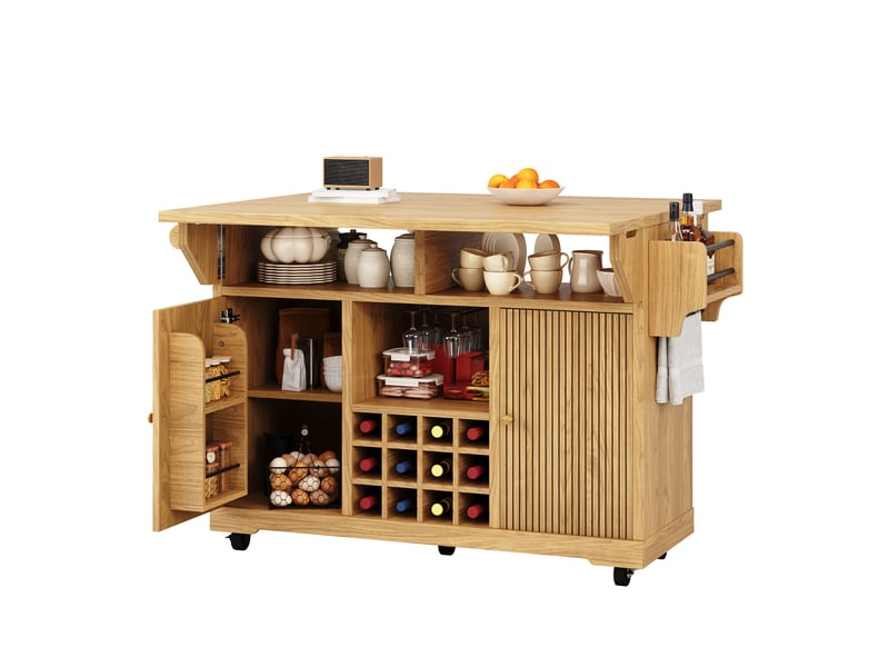  Desserte de cuisine mobile et îlot de cuisine extensible, chariot de service avec porte-bouteilles, hauteur 95 cm, bois naturel  - Conforama A
