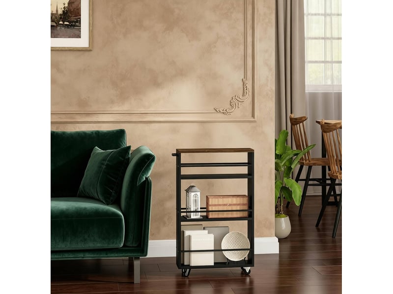 Desserte de cuisine étroite 13x47x80 cm noire en bois et métal, 3 étagères sur roulettes avec freins - Conforama D
