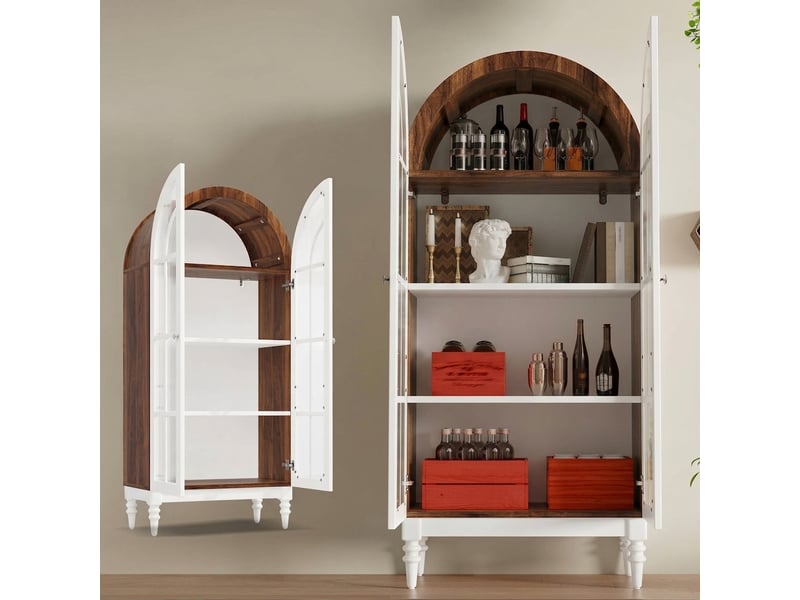  Buffet de cuisine vitrine 165 cm avec portes en verre strié, finition noyer et blanc  - Conforama E