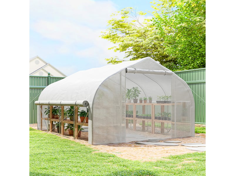  Serre tunnel 4 x 3 m avec couverture en pe, porte et 8 fenêtres à enroulement, blanche  - Conforama D