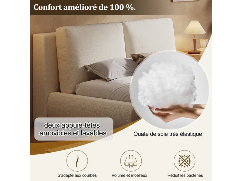 Lit double capitonné, rangement hydraulique, avec sommier et tête de lit, tête de lit capitonnée, tissu bouclé, beige - 180 × 200 cm - Conforama W