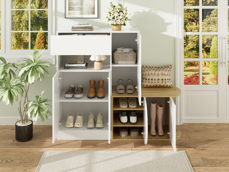  Meuble à chaussures avec banc intégré, 1 tiroir 5 portes, mdf blanc bois, 130x35x110,5 cm  - Conforama W