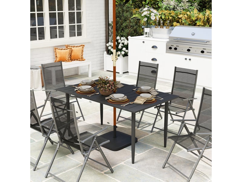 Table de jardin 150 x 90 cm, table de balcon résistante aux intempéries en acier, avec trou pour parasol, noire - Conforama C