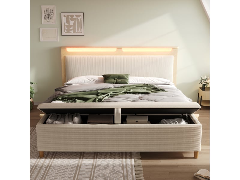  Lit adulte 160x200 rangement led tete de lit bois tissu beige avec banc coffre homvra  - Conforama D