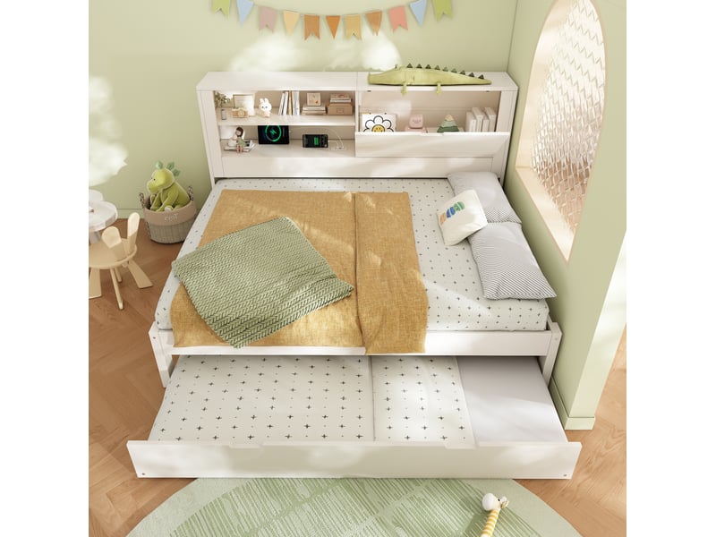  Lit gigogne 140x190 cm avec lit tiroir 90x190 cm, rangements, sommier et usb, blanc  - Conforama D