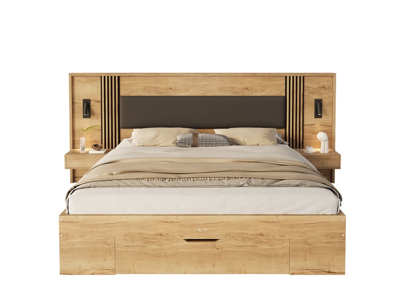  Lit double avec rangements 160x200 cm, matelas inclus, mdf, coloris naturel  - Conforama A