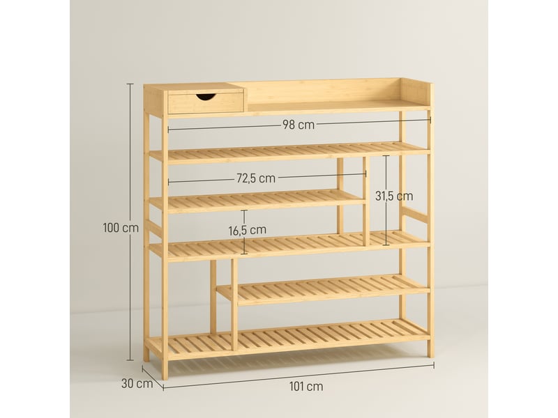  Meuble à chaussures bambou 6 niveaux + tiroir, 18 paires jusqu'à pointure 44. Anti-basculement, patins antidérapants, 101x30x100 cm, charge 30 kg  - Conforama D