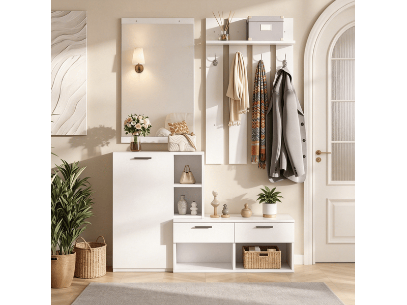  Meuble d'entrée avec miroir, 1 porte, 2 tiroirs, 10 niches et 4 crochets pour hall, blanc, 120 × 35 × 175,5 cm  - Conforama C