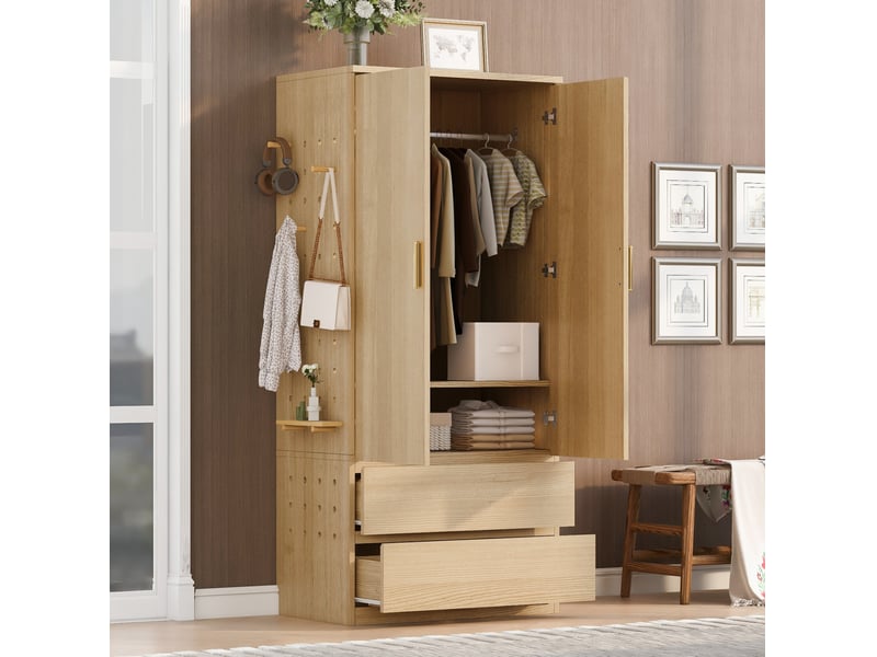  Armoire penderie 70 x 50 x 170 cm blanc et bois clair mdf, 2 tiroirs et panneaux perforés latéraux  - Conforama B