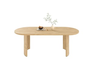 Table de salle à manger pour 6 à 8 personnes avec plateau aux coins arrondis et pieds courbés en mdf coloris chêne