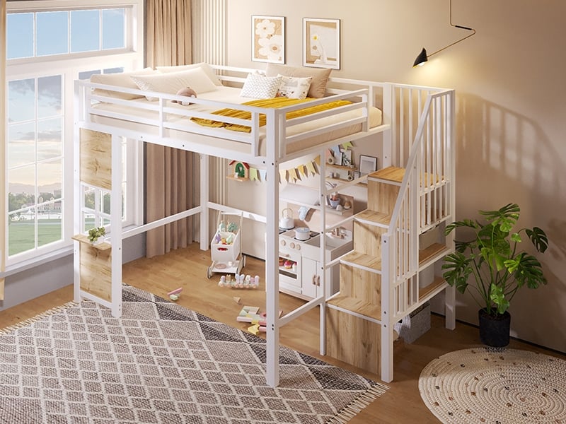  Lit mezzanine 140x200cm, avec étagères, espace de rangement ouvert sous le lit, design façon fenêtre, barrières de sécurité, blanc  - Conforama B