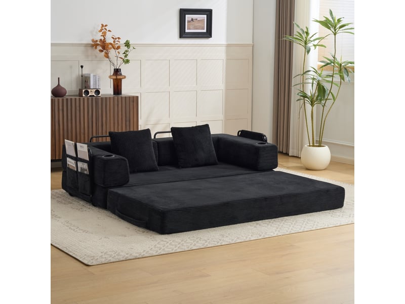  Canapé de sol convertible pliable en velours côtelé, porte-gobelets, poche latérale, sans montage, noir  - Conforama B