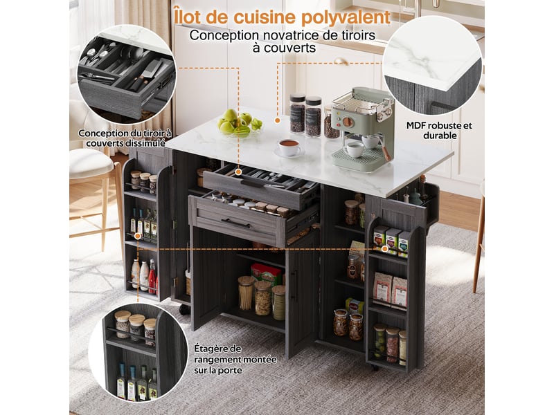Desserte de cuisine à plateau rabattable, 2 tiroirs et 5 roulettes, en mdf gris, 136 × 70 × 92 cm - Conforama E