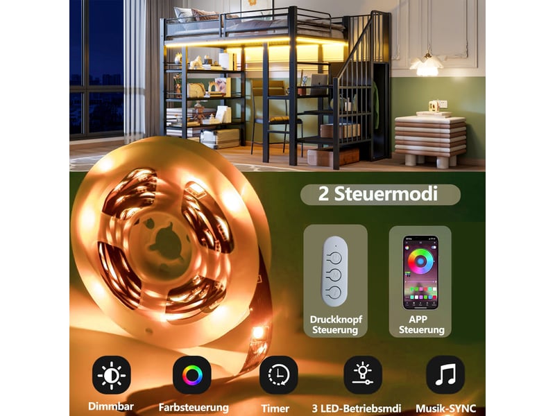  Lit surélevé 90x200 en métal noir avec led, prise, étagère et bibliothèque, lit simple multifonction  - Conforama C