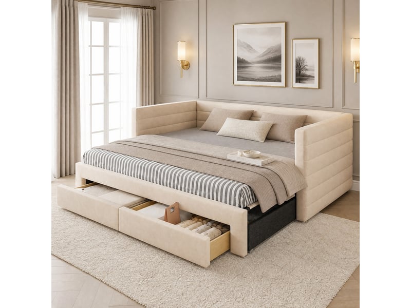  Lit gigogne simple 90×190 cm extensible 180×190 cm, 2 tiroirs  - sans matelas, coton lin beige  - Conforama C