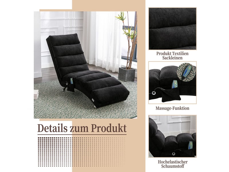  Canapé 1 place, chaise longue fixe avec vibrations douces et poches de rangement latérales, noir  - Conforama E