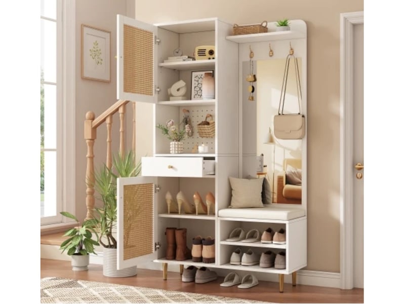  Ensemble vestiaire 99×35×180cm, banc + miroir + chaussures, rotin, pieds fer, entrée  - Conforama D