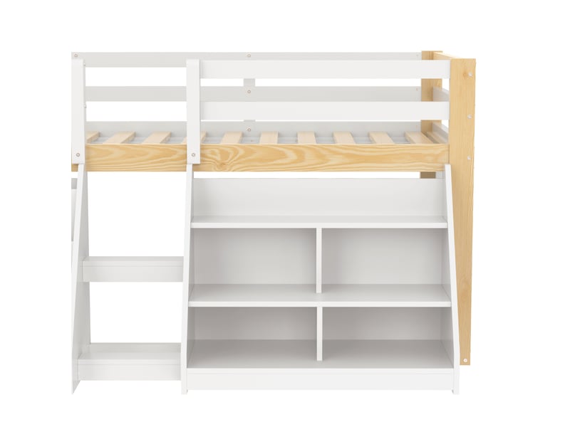 Lit mezzanine bas 90 × 200 cm, bois et mdf, led par application, rangements, échelle, sans matelas, blanc et naturel - Conforama E