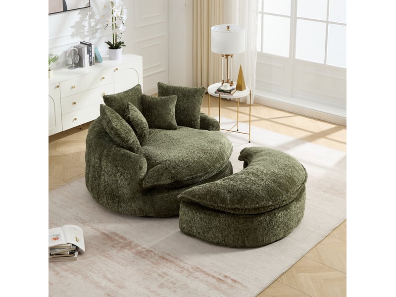  Fauteuil pouf modulable avec repose-pieds et coussins, assise en mousse pour salon, en polyester vert olive  - Conforama B