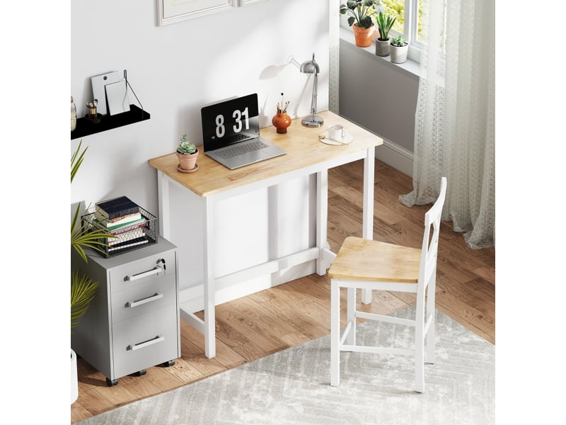  Table de bar avec plateau effet chêne et cadre blanc, pour 2 personnes, en bois d'hévéa, 108 × 48 × 91 cm  - Conforama B