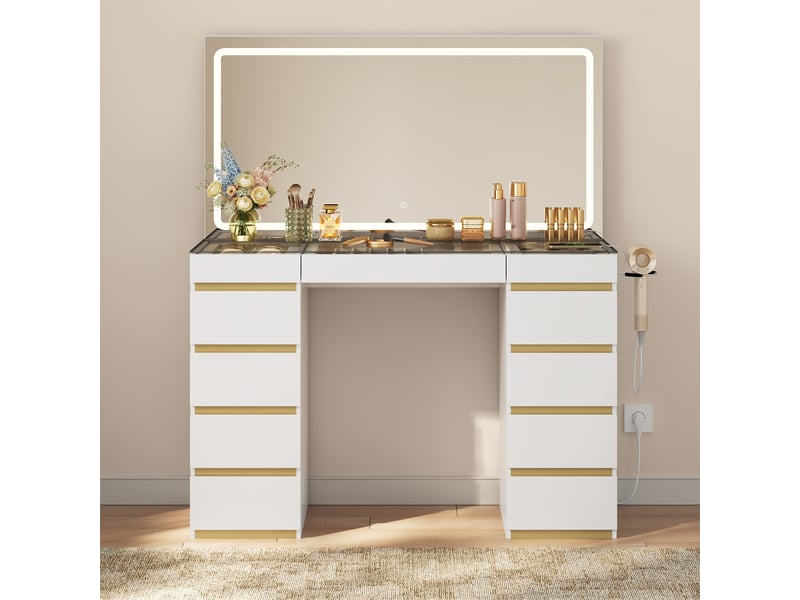  Coiffeuse avec miroir led, 11 tiroirs, station de charge, plateau en verre，112x40x133 cm，blanc+doré  - Conforama C