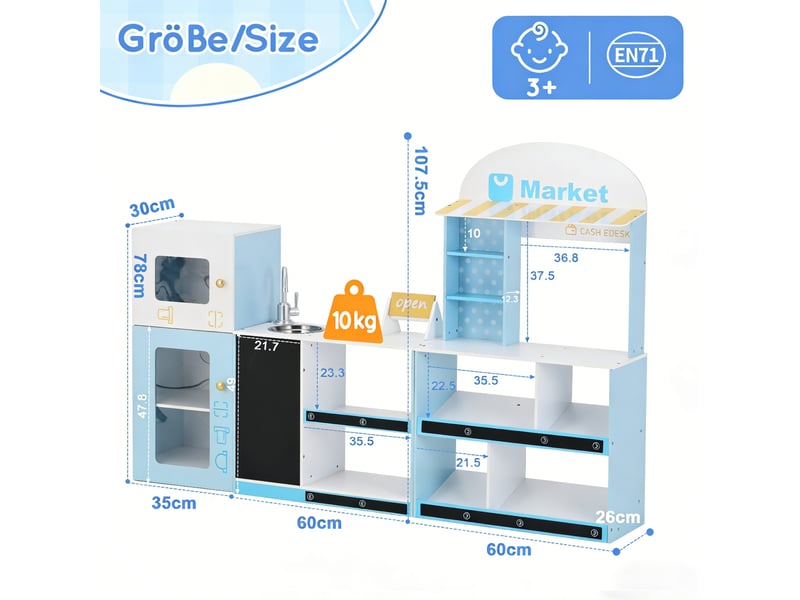  Magasin de jeu pour enfants 155x30x107,5 cm avec rayons, réfrigérateur, tableau noir inscriptible, comptoir latéral et robinet, mdf, bleu  - Conforama C