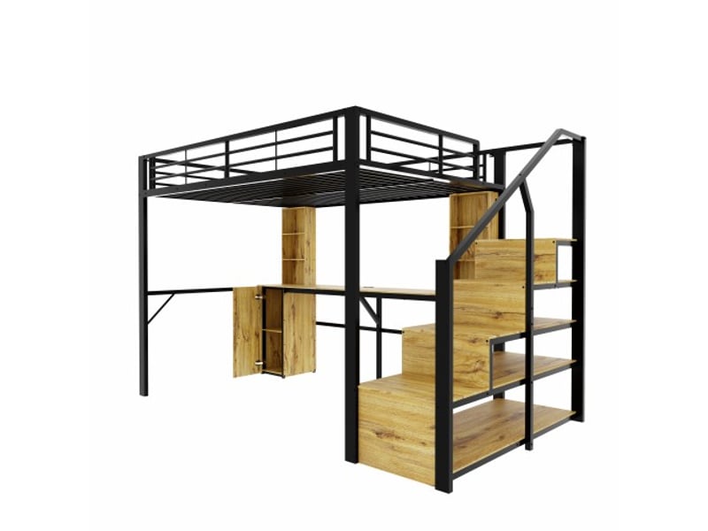  Lit mezzanine métal noir 140x200 - bureau intégré, rangements, placard, escalier de rangement, usb - sans matelas  - Conforama A