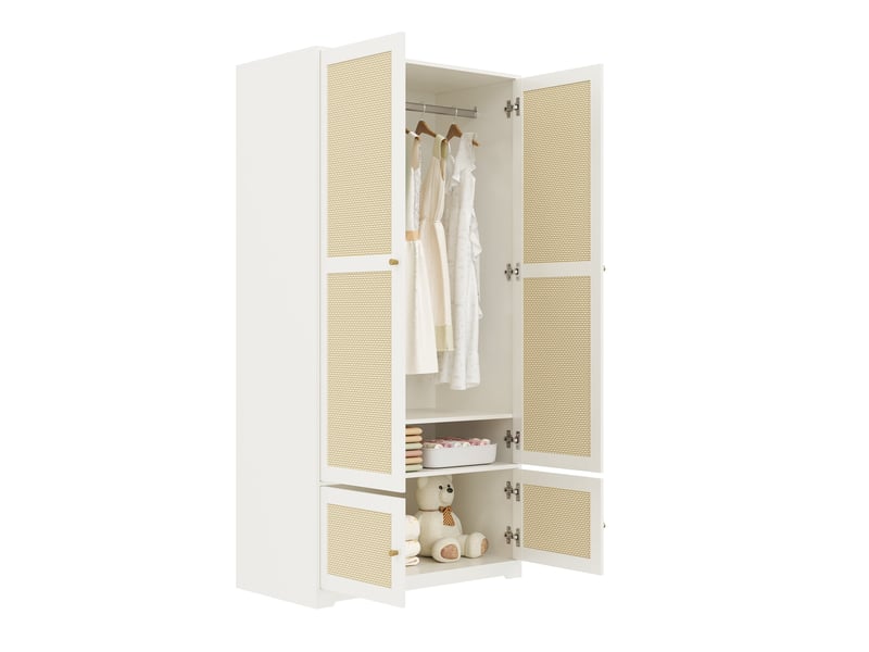  Armoire penderie 4 portes 90x48x180 cm en rotin, avec barre et compartiments, moderne, meubles de chambre, mdf blanc  - Conforama A