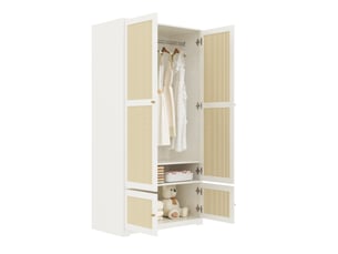 Armoire penderie 4 portes 90x48x180 cm en rotin, avec barre et compartiments, moderne, meubles de chambre, mdf blanc