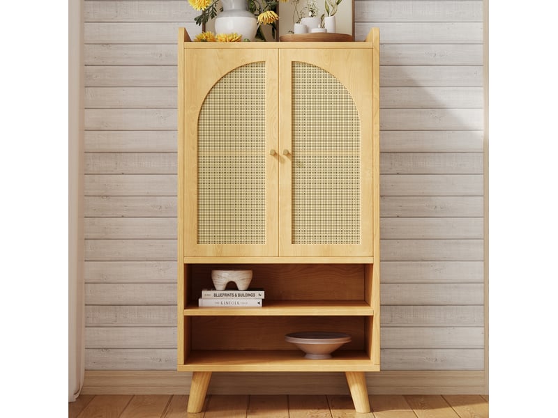  Buffet haut 2 portes en rotin et 2 compartiments ouverts, naturel, 60 x 40 x 121 cm  - Conforama C